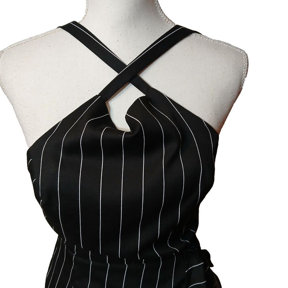 Lush Black White Pinstripe Open Back Criss Cross Shoulder Cutout Party Dress Med - Picture 8 of 13